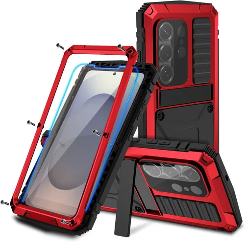 Vista 23 de Funda de metal para Samsung S22 5G con función atril, protector de pantalla integrado, resistente armadura militar duradera, cuerpo completo Negro