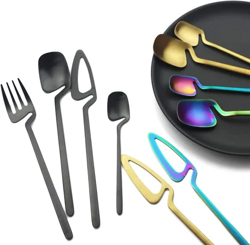 Vista 3 de Juego de cubiertos de 24 piezas con utensilios de cocina para servir, servicio para 6, utensilios de acero inoxidable 304, cuchillo, A-Negro