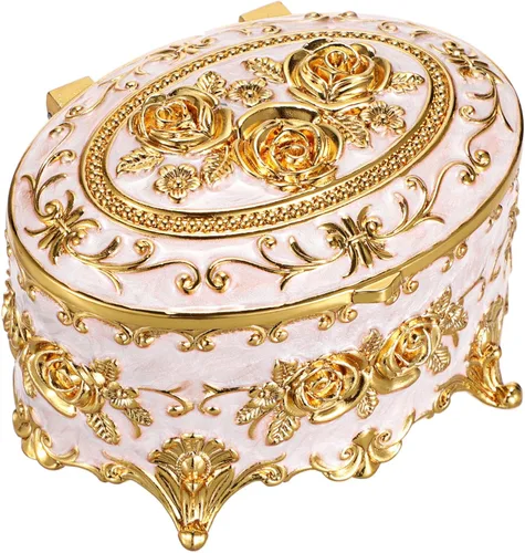 Vista 9 de Hipiwe Joyero de metal vintage, organizador ovalado con diseño de rosas, caja de almacenamiento para anillos, aretes, collar, regalo para mujeres