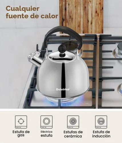 Vista 5 de Tetera para estufa - Tetera de acero inoxidable, hervidor de 2 litros para acampar, calefacción eficiente, silbato audible, mango seguro - hervidor