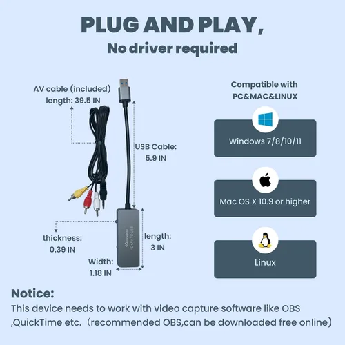 Vista 5 de Tarjeta de captura de video USB para VHS/HDMI/AV/RCA, convertidor de video analógico a digital, convertidor VHS a digital/USB/RCA, compatible
