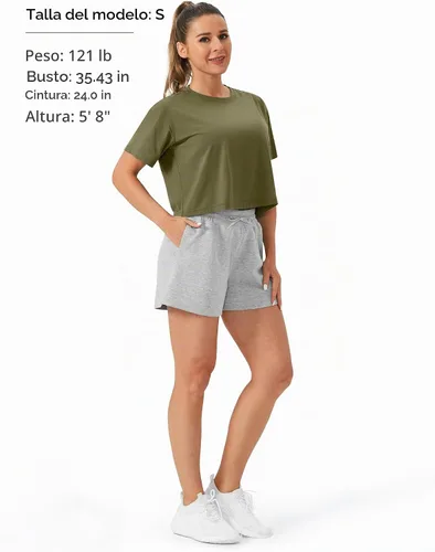 Vista 7 de THE GYM PEOPLE - Camiseta de entrenamiento para mujer, manga corta, básica, recortada, deportiva, de yoga, para correr, estilo boxy Verde militar