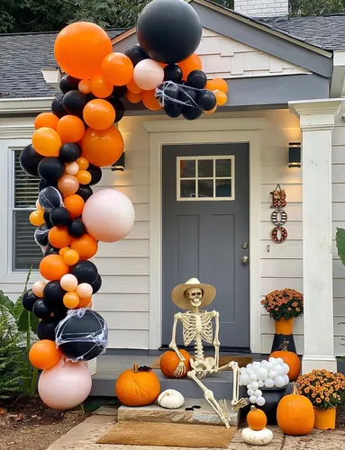 Vista 3 de Kit de arco de guirnalda de globos de Halloween, 116 piezas de arco de globos naranja y negro blanco, globos de papel de aluminio con estrella