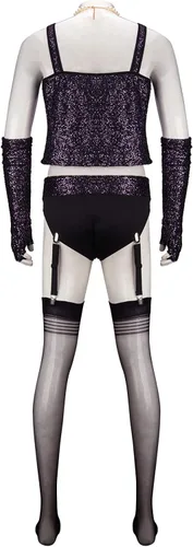 Vista 3 de Nonnyer Disfraz de terror Rocky para hombre, disfraz de Dr. Frank de los años 70, corsé magenta, juego de medias de película para Halloween, cosplay
