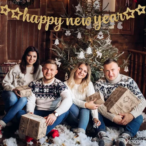 Vista 6 de KatchOn, Cartel dorado de feliz año nuevo – 10 pies, pre-encordado Cartel de feliz año nuevo con purpurina para decoraciones de Año Nuevo 2026