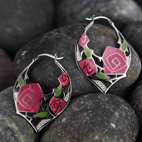 Vista 4 de Santuzza Aretes de aro de plata de ley 925 hechos a mano con flores esmaltadas Plata de ley Esmalte Circonia cúbica