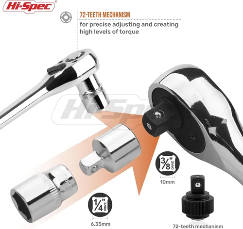 Vista 4 de Hi-Spec Juego de 22 llaves métricas de 1/4" y 3/8" con llave de trinquete, barras de extensión en estuche de herramientas compacto.