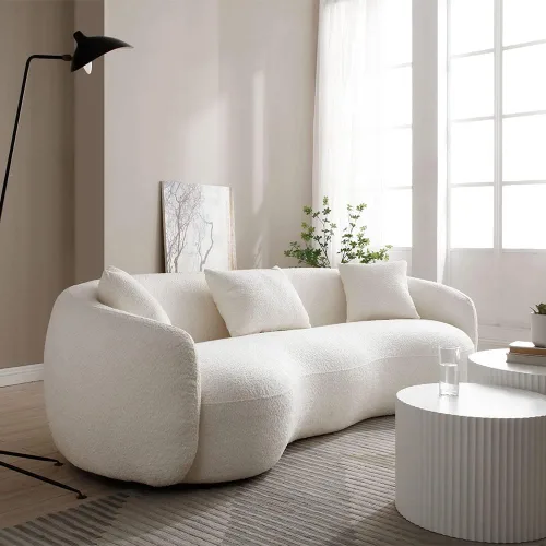 Vista 5 de Sofá curvo de 93.6 pulgadas para sala de estar, moderno sofá nube de 4 plazas, cómodo sofá tapizado de mediados de siglo con almohadas para espacios