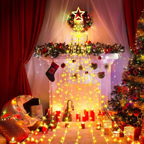 Vista 6 de Guirnalda de luces de Navidad en cascada con 317 luces LED de estrella colgantes centelleantes de cortina de hadas para fiesta, boda, patio Blanco