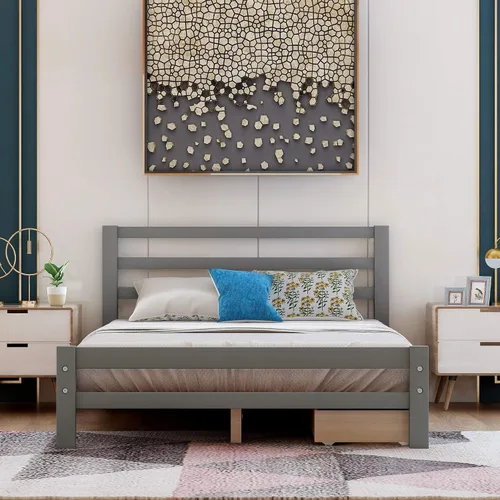 Vista 3 de Cama de plataforma de madera, marco de cama de tamaño completo con cabecero y estribero/listones de madera/dos cajones de almacenamiento