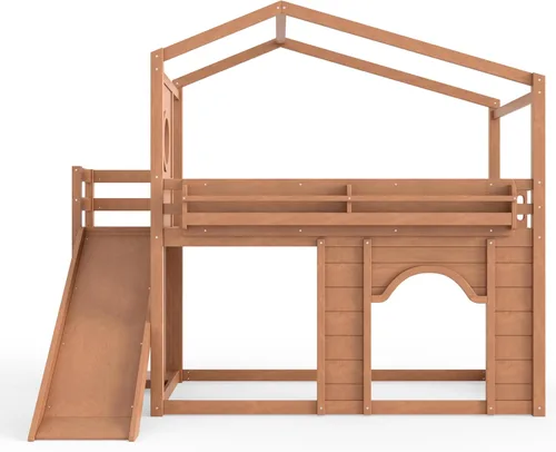 Vista 5 de Harper & Bright Designs Cama tipo loft para niños, tamaño individual, con armario y puerta arqueada, litera de casa con tobogán y estanterías
