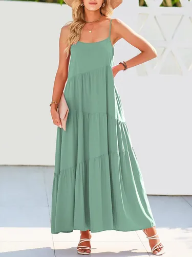 Vista 2 de ANRABESS - Vestido largo de verano para mujer, vestido de lino casual, holgado, sin mangas, con tirantes delgados y estilo bohemio, para playa