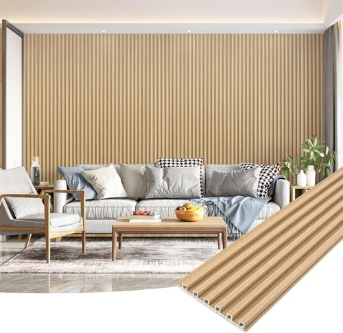 Vista 13 de Paneles de revestimiento de pared de listones de madera, paquete de 3 paneles de pared 3D de WPC insonorizados para decoración de pared