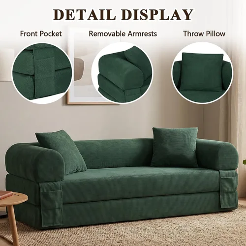 Vista 4 de Anwick Sofá cama convertible sin hueso de 80 pulgadas, sofá cama 3 en 1, tamaño Queen para sala de estar, estudio, apartamento, pana, espuma Verde