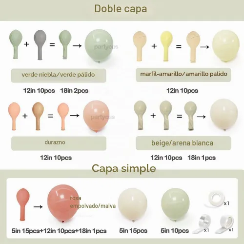 Vista 4 de Arco de globos de color rosa polvoriento, amarillo y verde, de doble relleno, color amarillo claro, melocotón, blanco, arena, malva, pastel, kit