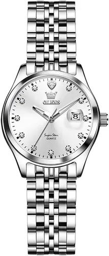 Vista 13 de OLEVS - Relojes de acero inoxidable para mujer, reloj de plata de lujo para damas con fecha, relojes analógicos de cuarzo impermeables y delicados