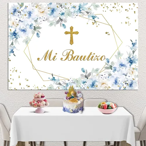 Vista 5 de Mi Bautizo - Telón de fondo de fotografía de flor de peonía azul, angel, primera comunión, bautismo, decoración de fiesta, bautizo, baby shower