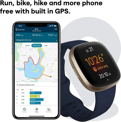 Vista 3 de Fitbit Versa 3 - Reloj inteligente de salud y fitness con GPS, frecuencia cardíaca 24/7, Alexa integrado, batería de más de 6 días, azul Azul