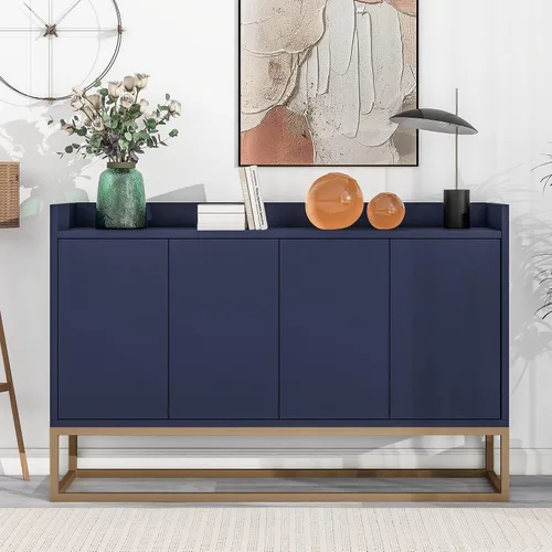 Vista 9 de Aparador moderno de gran espacio de almacenamiento con puerta de ratán artificial, mesa de consola con 4 puertas y estante ajustable, mesa de Blanco