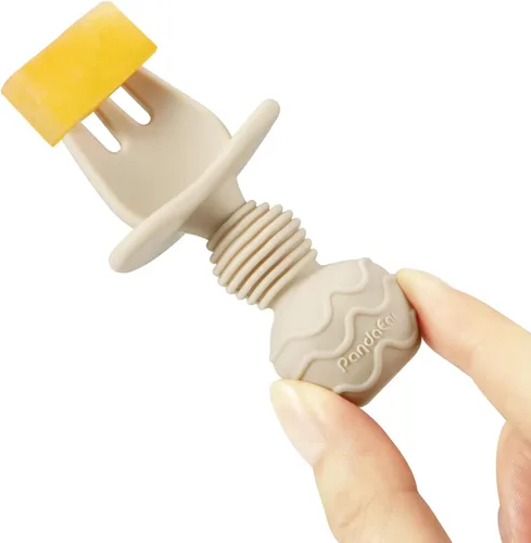 Vista 6 de PandaEar Cucharas de silicona para bebés y utensilios para niños pequeños (bronceado claro/nogal/azul)