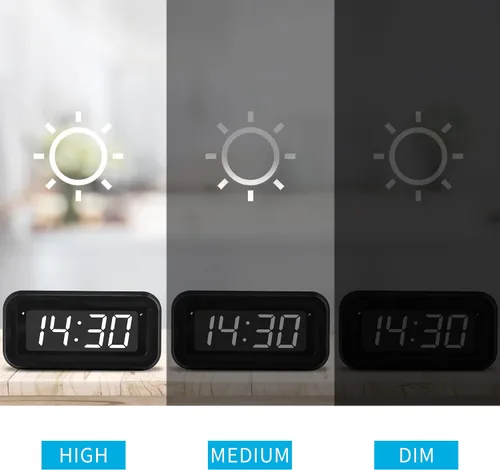 Vista 5 de KWANWA Reloj despertador para niños, LED blanco, batería, modo nocturno automático, 12 horas/24 horas, pequeño, viajes, mesita de noche, montaje