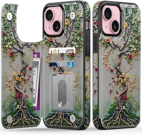 Vista 42 de FUNMIKO Funda tipo cartera para iPhone 15 con tarjetero + clip para efectivo, bloqueo RFID, protección contra caídas de grado militar y obras