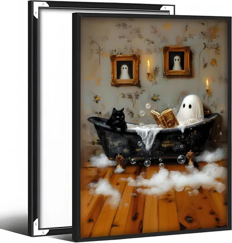 Vista 35 de Arte de pared vintage de Halloween embrujado de granja, parche de calabaza rústica con bonitos fantasmas, póster impreso en lienzo espeluznante