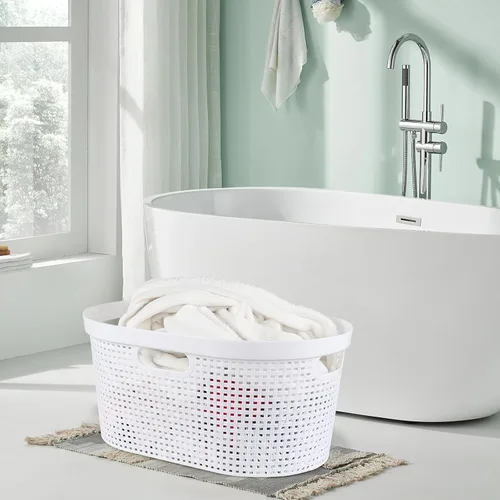 Vista 5 de Paquete de 4 cestas para la ropa sucia con mango recortado, cestas de plástico blanco, 40 L Dirty Clothes Storage Hamper