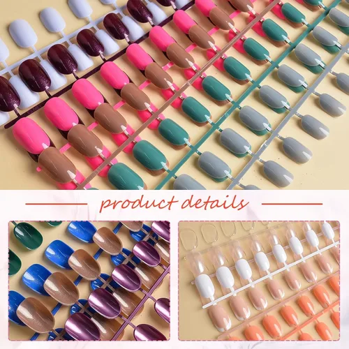 Vista 6 de EBANKU 960 uñas postizas cortas y coloridas para mujer, uñas ovaladas a presión, acrílicas brillantes, cobertura completa, puntas de uñas postizas