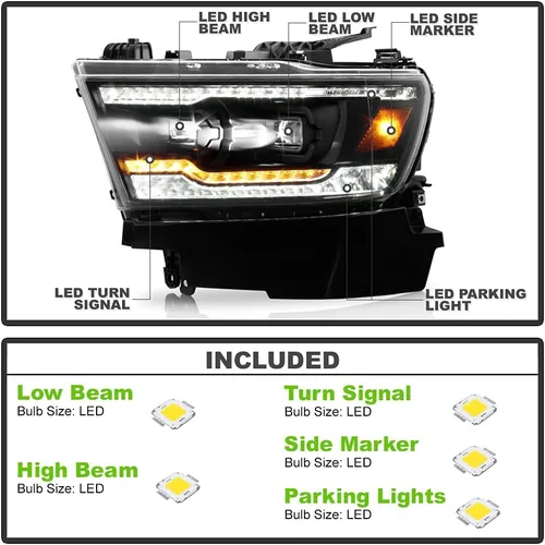 Vista 2 de ACANII - Para [tipo halógeno] 2019-2022 Ram 1500 Tubo LED Negro Señal secuencial LED Dual Proyector Faros Faros Faros