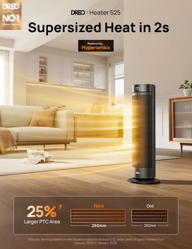 Vista 2 de Dreo – Calentador ambiental para habitación grande, calentador eléctrico de 23 pulgadas para uso en interiores, torre de 8 protecciones seguras