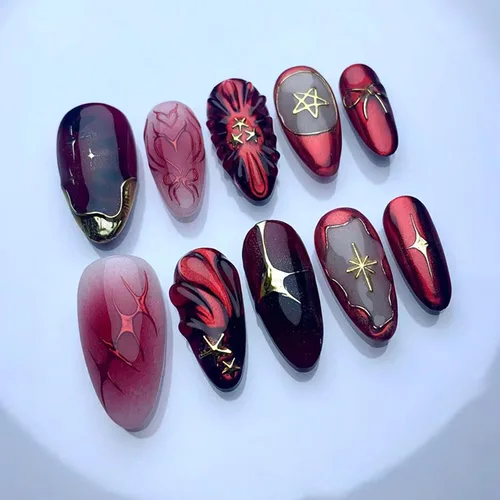 Vista 26 de 24 piezas de uñas postizas de punta francesa a presión, uñas postizas medianas en forma de almendra con diseño de ondas azul oscuro, uñas postizas