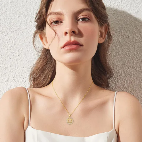 Vista 2 de Collar con dije de estrella de David de oro de 14 quilates para mujer, oro amarillo sólido judío de seis puntas con estrella de David, joyería