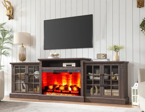 Vista 13 de AMERLIFE Soporte de TV con chimenea de 70 pulgadas para televisores de hasta 80 pulgadas, consola multimedia con armarios de almacenamiento