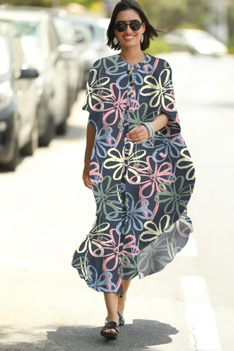 Vista 5 de RanRui Vestido de caftán de manga corta con cuello en V para mujer con bolsillo Caftanes Estampado (Flower Print)