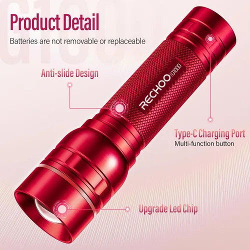 Vista 4 de RECHOO Linternas recargables de alta luminosidad, G1000 súper brillante, pequeña linterna LED con zoom y 3 modos de iluminación, linterna táctica