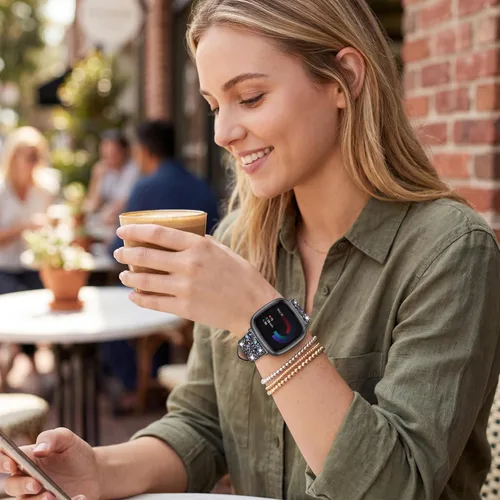 Vista 6 de Correa brillante compatible con Fitbit Versa 4/Fitbit Versa 3/Fitbit Sense 2/Sense Bandas Mujer Bling Glitter Correa de Cuero Accesorio de Correa