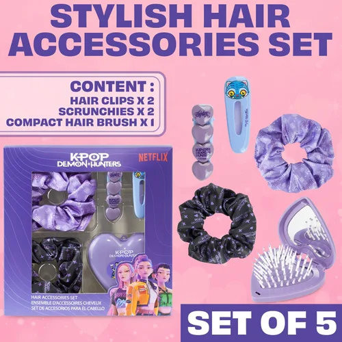 Vista 6 de Get Trend KPop Demon Hunters - Accesorios para el cabello para niñas, pinzas para el cabello, bandas de satén, cepillo con espejo compacto