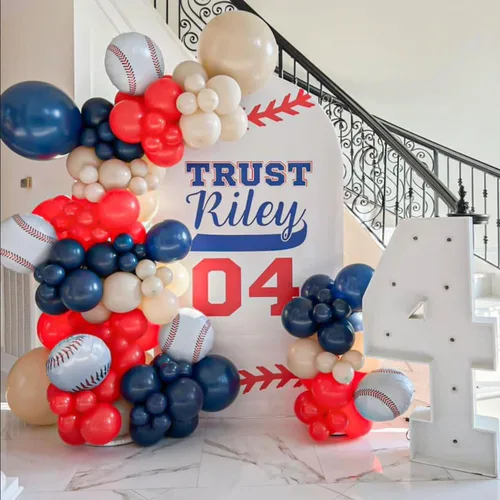 Vista 3 de VitaCraft Kit de arco de guirnalda de globos de béisbol, 136 piezas de arco de globos rojo, blanco y azul marino con guante de béisbol globo