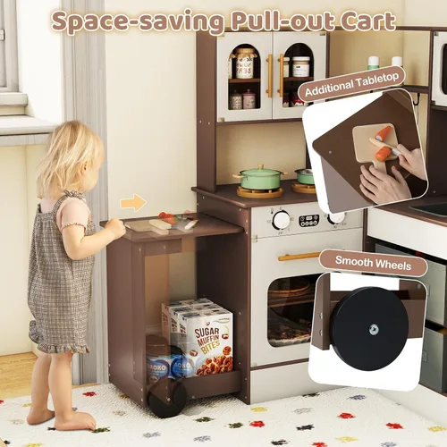 Vista 2 de Costzon Cocina de Juego de Esquina, Pequeño Chef Cocina de Juego de Simulación con Luz y Sonido Reales, Carrito Extraíble, Contenedores de Tela