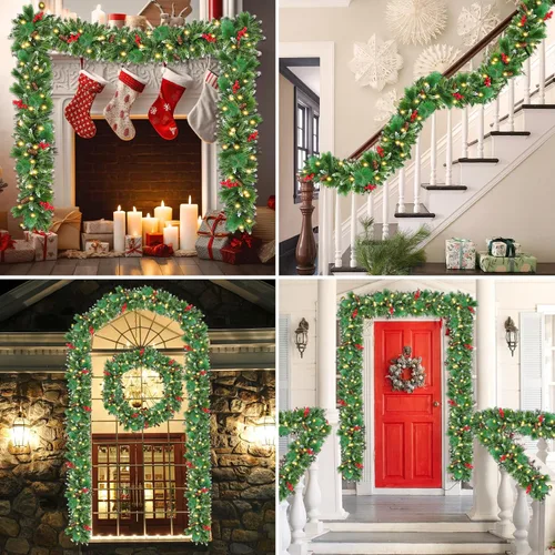 Vista 6 de Guirnalda de Navidad con luces, 50 luces LED, guirnalda preiluminada de 9 pies, funciona con pilas, decoración de Navidad para interiores