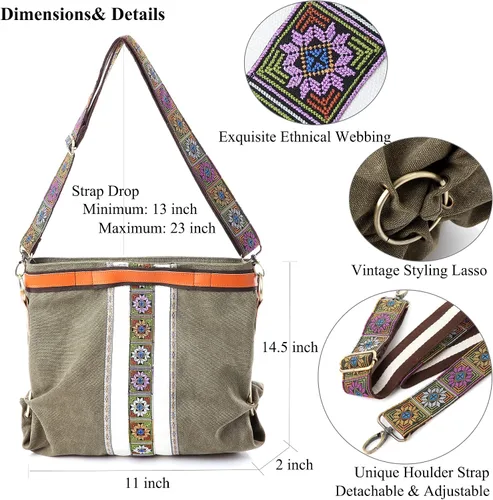 Vista 4 de Bolso cruzado de lona para mujer, bolso de hombro vintage resistente