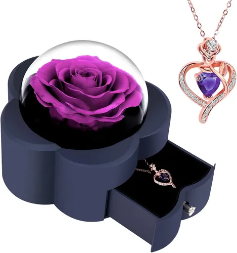 Vista 8 de Rosa preservada con collar de corazón, regalo de flor eterna para mamá, esposa, novia, mujer, perfecto para el día de San Valentín, cumpleaños, Azul