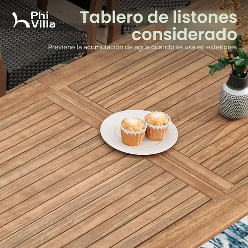 Vista 7 de PHI VILLA Juego de 7 piezas de madera de acacia para comedor al aire libre para 6, mesa y sillas de madera de teak expandibles, gran juego