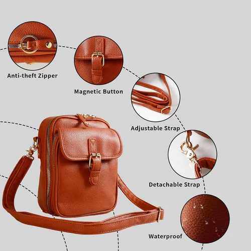 Vista 5 de Bolso cruzado de cuero para mujer, bolsa de mensajero antirrobo con gran capacidad, ranuras para tarjetas incorporadas, bolsa de hombro