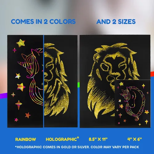 Vista 3 de Hygloss Juego de 100 hojas de arte para rascar, 4 x 6 pulgadas, negro mate, juego de arte para niños, incluye 100 papeles holográficos plateados u