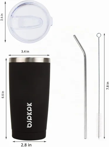 Vista 3 de BJPKPK Vaso térmico negro con tapa y pajita, de acero inoxidable, de 20 onzas, para café Pintura de caucho negro