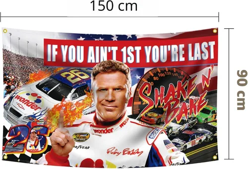 Vista 2 de Bandera de Ricky Bobby con texto en inglés "If You Ain't 1st First You're Last - Bandera de Talladega Nights, Ricky Bobby, póster divertido de 3 x 5