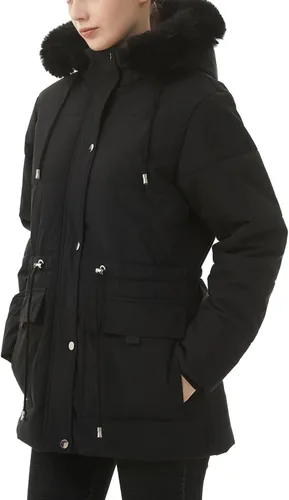 Vista 4 de MOERDENG Abrigo de plumas de invierno cálido para mujer, chaqueta de plumón con forro polar grueso, capucha desmontable de piel sintética, parka
