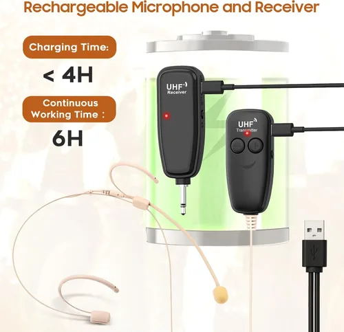 Vista 6 de Micrófono de auriculares inalámbricos, sistema de altavoz de micrófono de cabeza UHF, micrófonos amplificadores de voz profesionales beige
